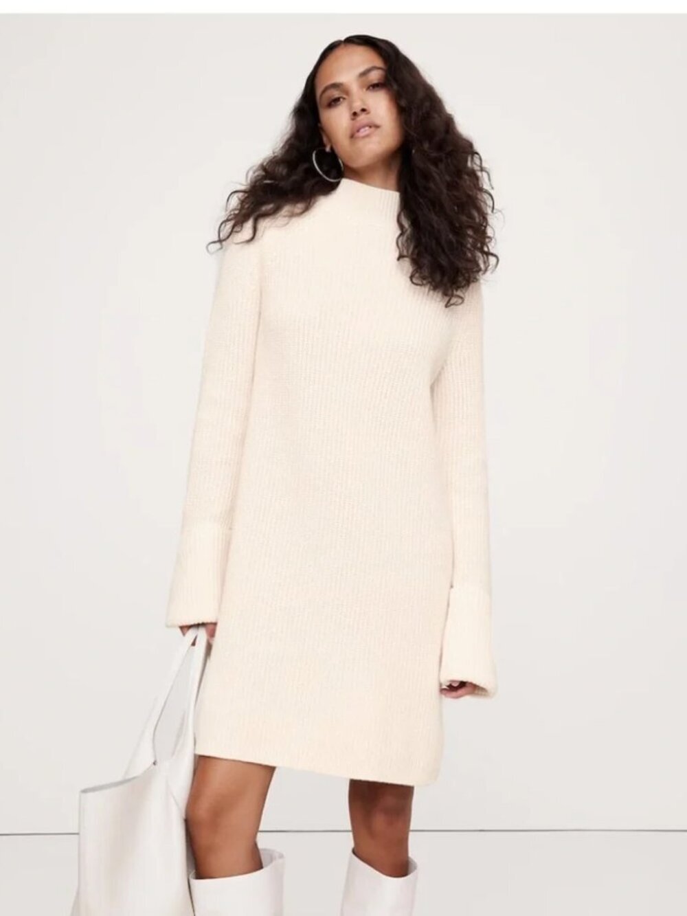 Banana Republic Cotton-Wool Mock-Neck Mini Sweater Dress, Cream, Size L
